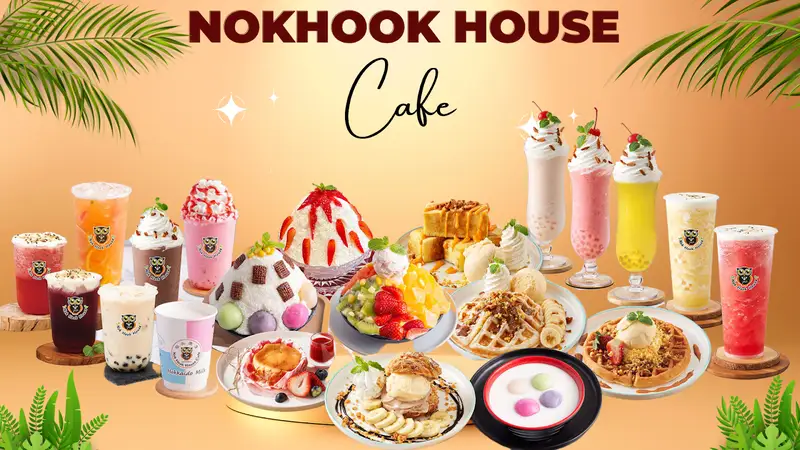 Nokhook House Cafe spread: bingsu, waffles, toast, choux cream, bua loy and drinks