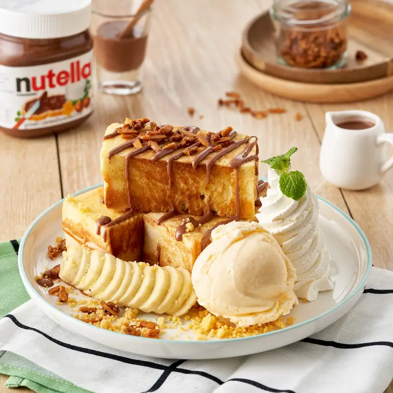 Thick toast with chocolate sauce, nuts, banana, vanilla ice cream and whipped cream